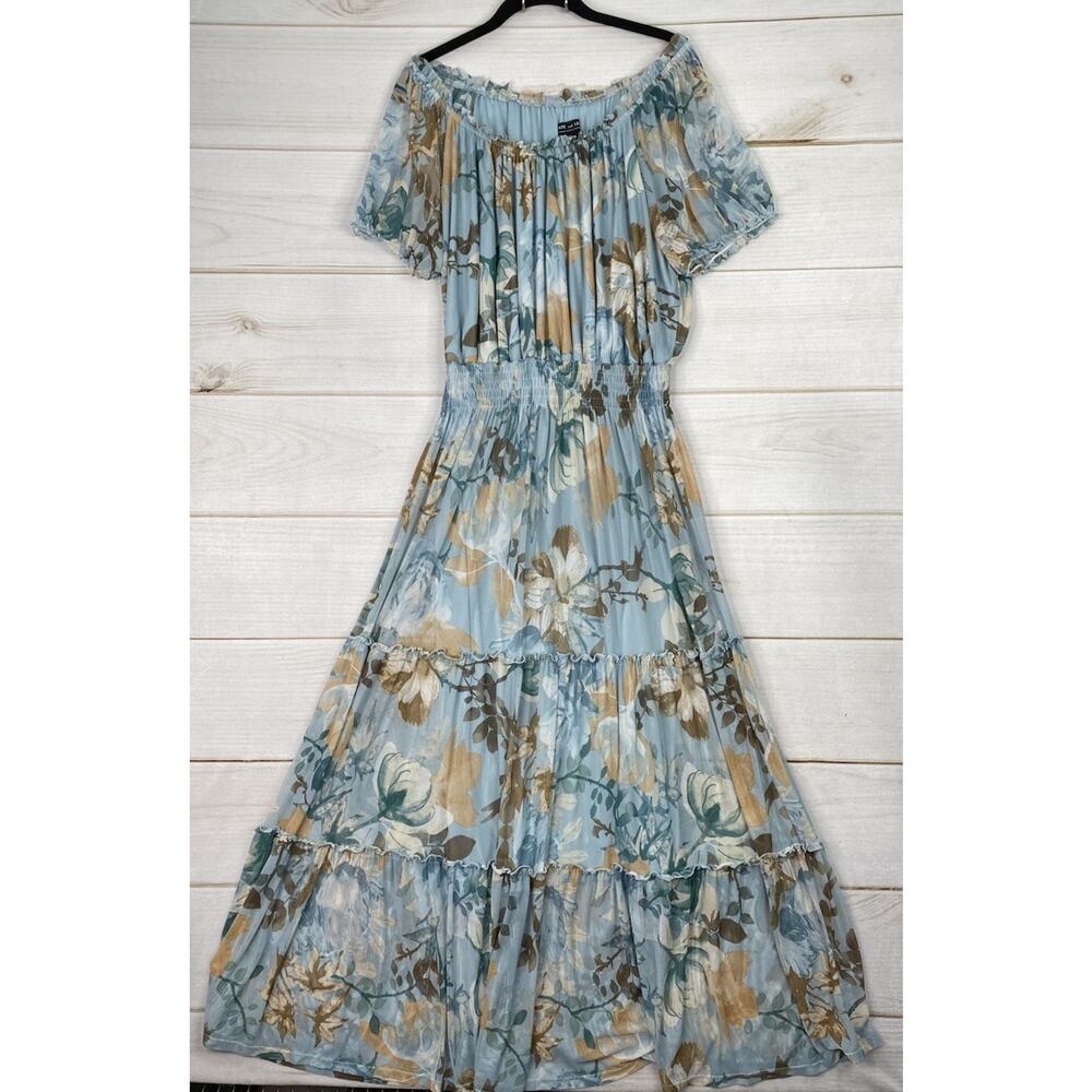 Kate & Lily Light Blue Floral Maxi Dress with Smocked Waist